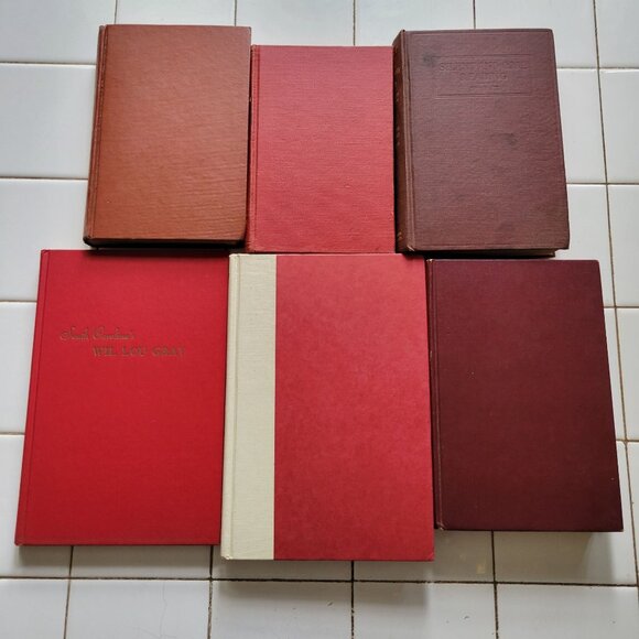 6 Red Vintage Book Set Lot Staging Decor Retro Prop Shelf Mantle Centerpiece - Picture 3 of 9